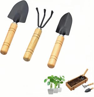 3-Piece Mini Tool Set Indoor Plant Care Kit with Wood Handle Black
