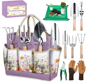 9-Piece Heavy-Duty Tools Set Stainless Steel Hand Tools with Purple Floral Tote
